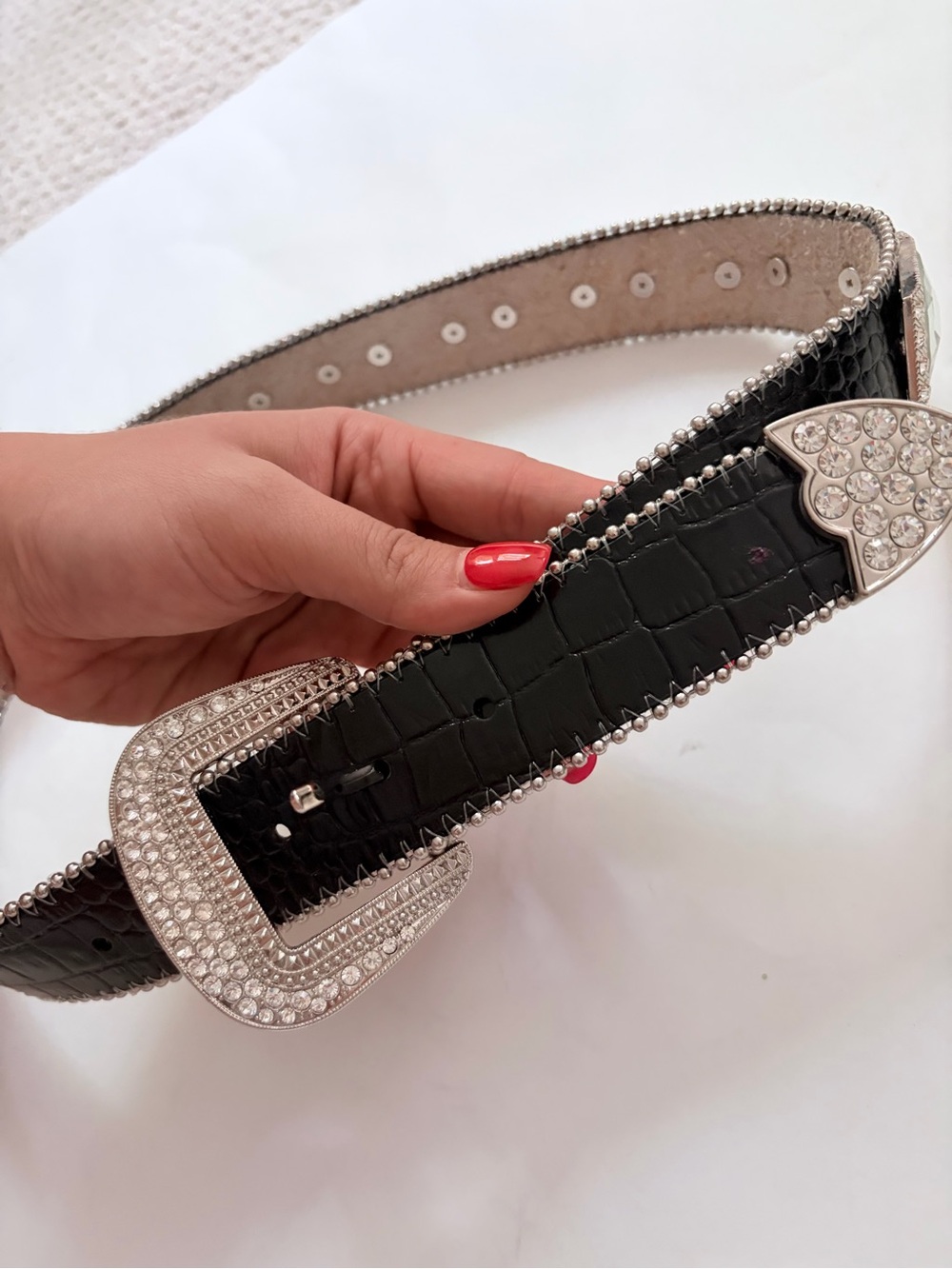 Black Silver Crystal Croc-Embossed Western Statement Belt